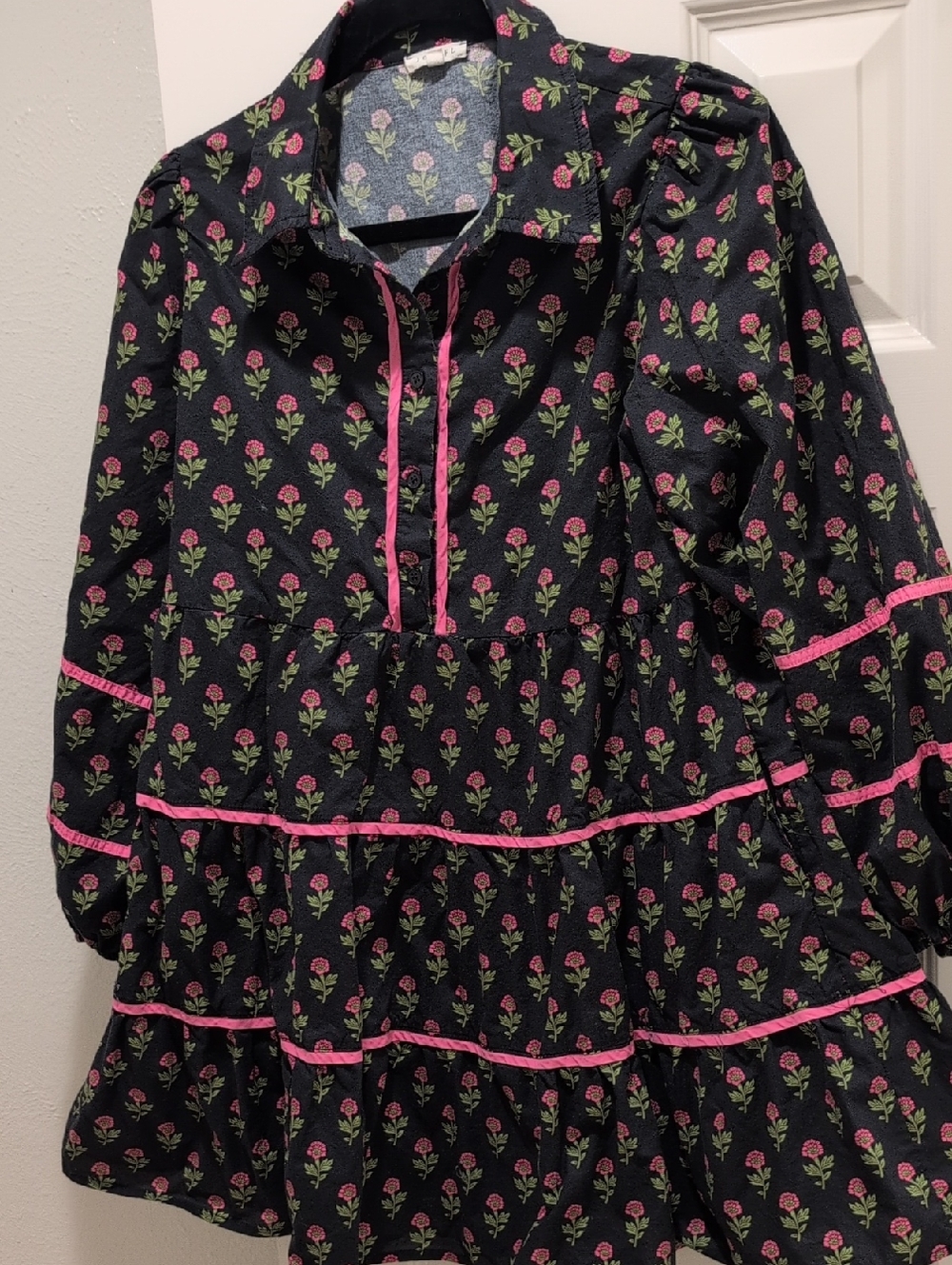 JODIFL Black Dress with Pink and Green Floral Print With Pockets Size S